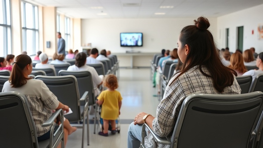 Hispanic mother and children in a hospital waiting room, showcasing health equity.