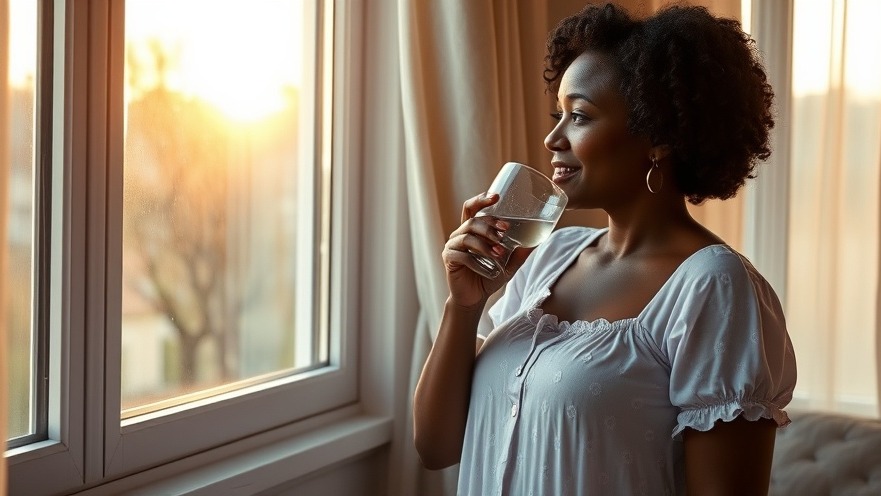 Middle-aged black woman enjoying wellness tips in her daily routine, sipping water peacefully.