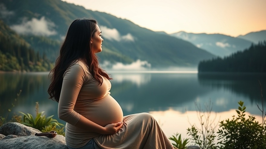 Pregnant Hispanic woman by a tranquil lake, reflecting on maternal mortality and mental health.