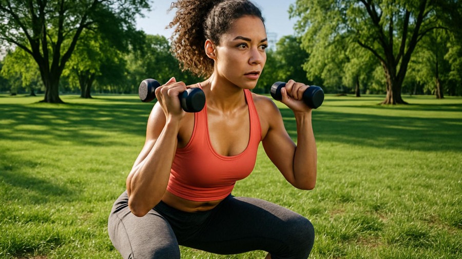 Female athlete squats with weights in a green park, showcasing fitness and glute strength.