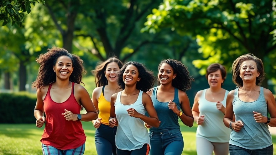 Cheerful women of diverse backgrounds jogging in a lush park, promoting health and wellness.