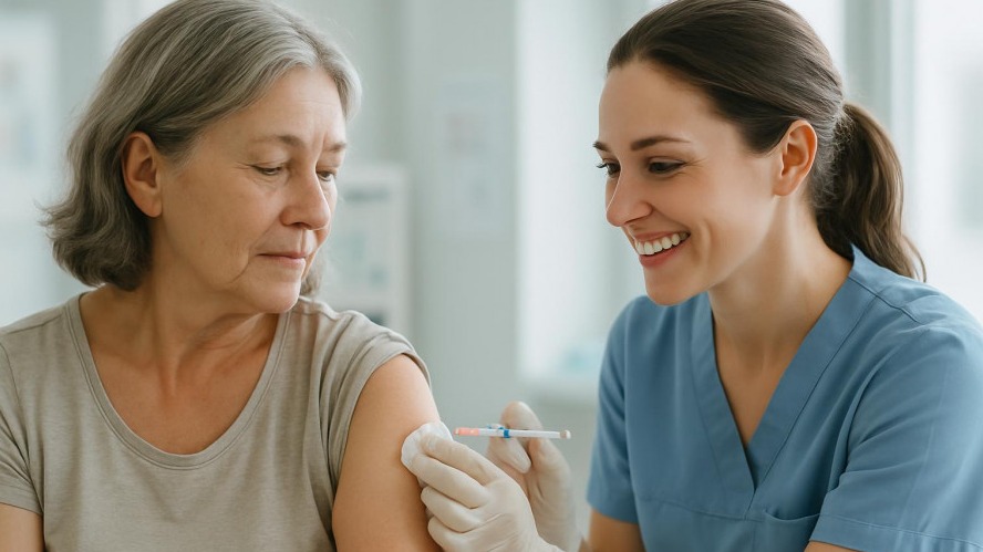 Mature woman getting vaccinated, highlighting preventive healthcare and community health trends.