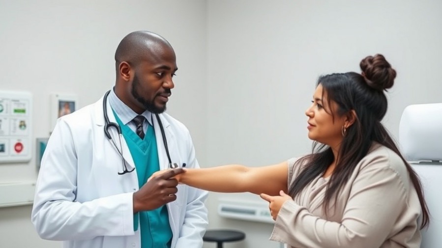 Black doctor discusses affordable healthcare with Hispanic mother and her son in exam room.