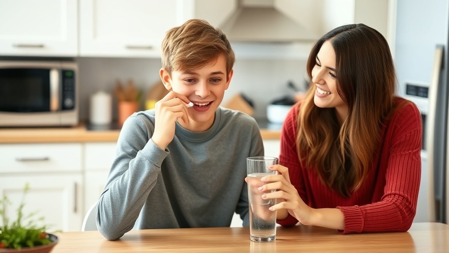 Teenager taking pediatric MS treatment with mother in a bright kitchen.