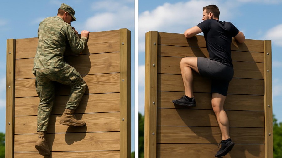 Veteran wellness showcased by a soldier and athlete scaling a 10-foot wall.