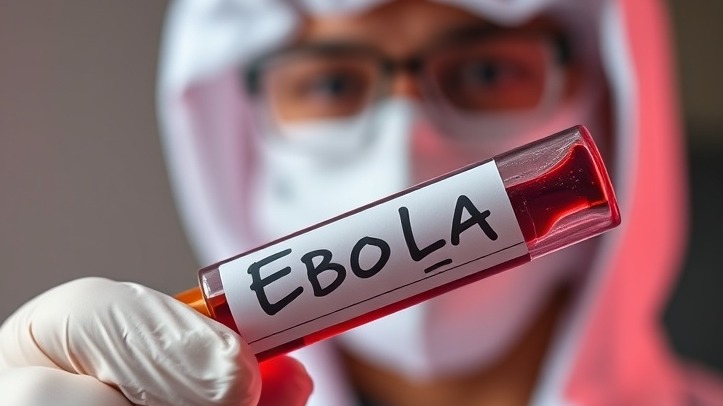 Scientist in protective gear holds an 'Ebola' test tube, highlighting global health initiatives.