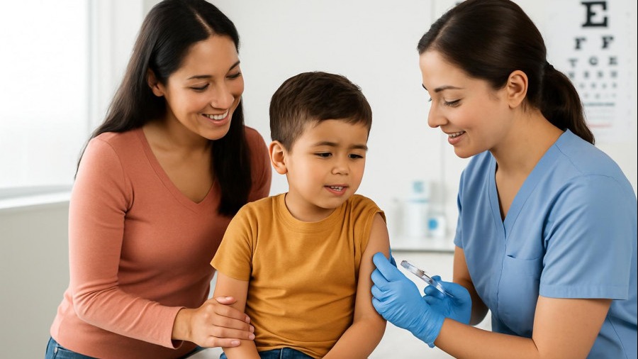 Hispanic boy getting vaccinated in a bright exam room, promoting vaccination safety for public health.