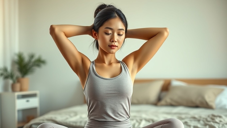Calm Asian female stretching in a cozy bedroom, embodying mindfulness and mental wellness.