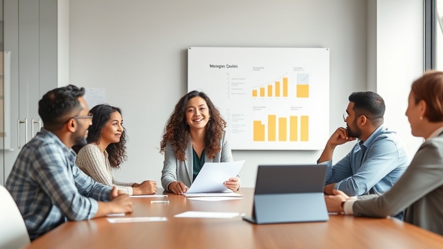 Middle-aged Japanese female CMO consultant presenting ROI-driven strategies to diverse small business owners.