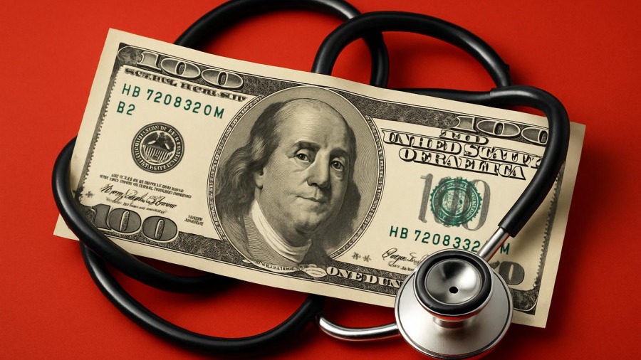 Creative illustration of a hundred dollar bill with a stethoscope, highlighting cash assistance and health equity.