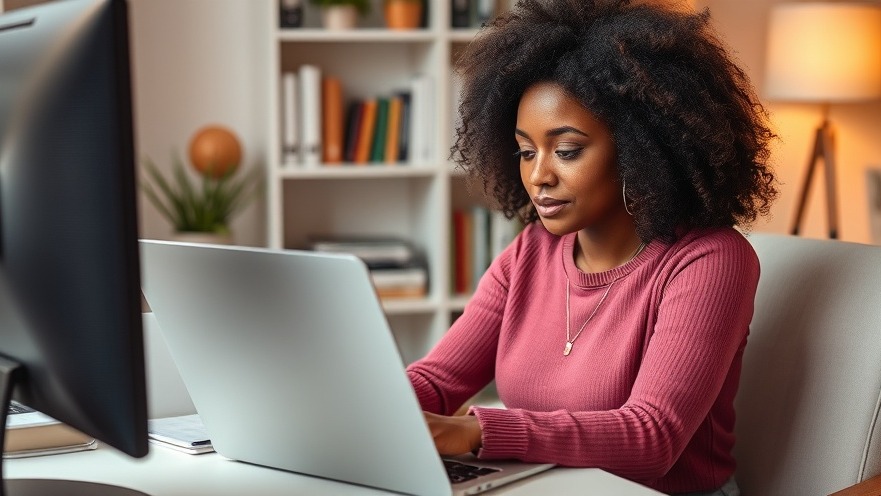 Black female content creator typing an article on her computer.