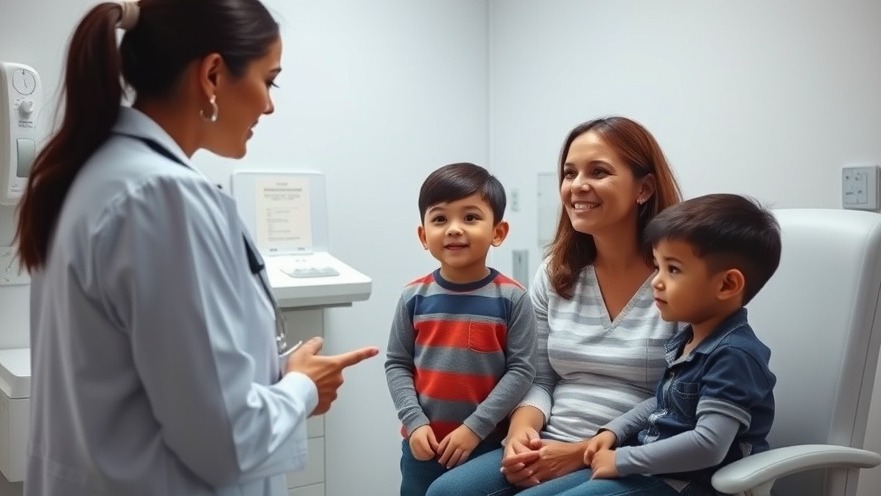Hispanic female doctor discussing immigrant health benefits with a mother and son.