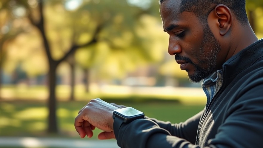 Middle-aged man checking smartwatch for heart health in a sunny city park.