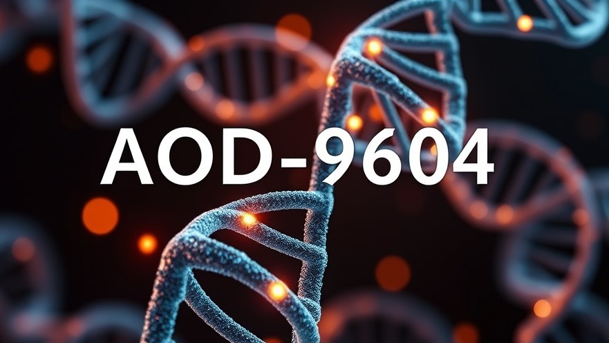 Photorealistic DNA strands glowing, highlighting AOD-9604 peptide for fat-burning peptides.