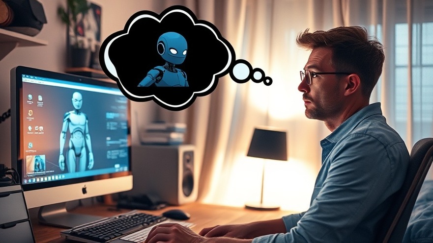 Man feeling Artificial Intelligence Anxiety in his bedroom, pondering ethical AI development.