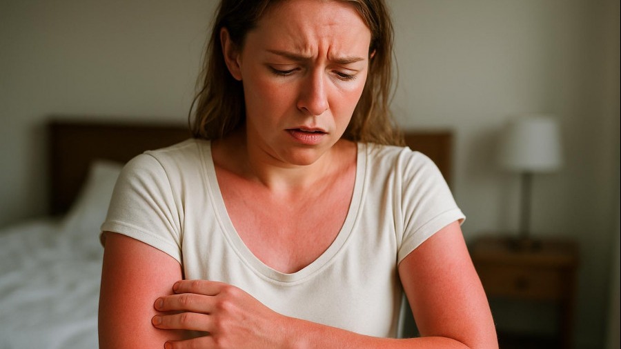 A woman with sunburned arms displays skin cancer risk concerns, highlighting sun safety practices.