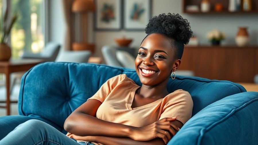 Charming black woman in a cozy living room, embodying fitness tips for holiday nutrition.