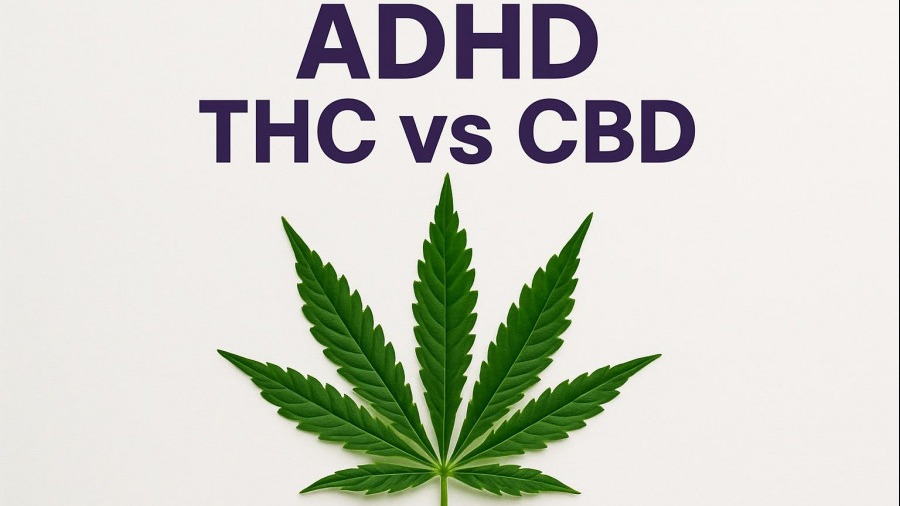 Marijuana leaf on white background with 'ADHD - THC vs CBD' title; cannabis effects on ADHD.