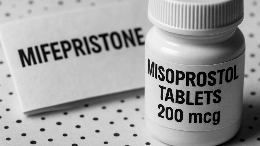 Photorealistic Misoprostol tablet bottle and Mifepristone leaflet, highlighting health trends.