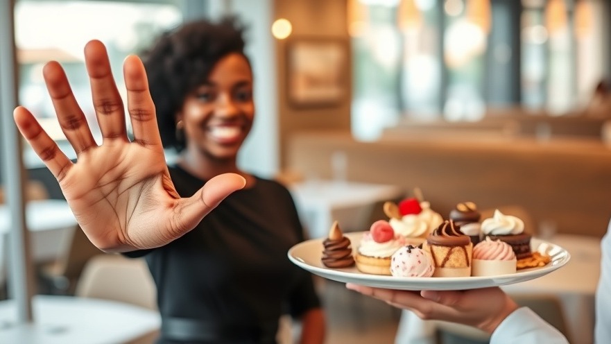 Black woman asserting patient autonomy, rejecting dessert offer, promoting informed consent.
