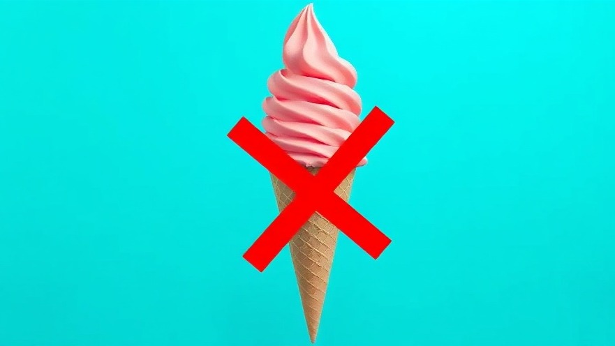 Vivid ice cream cone with a red 'X', symbolizing eating disorders causes and avoidance.