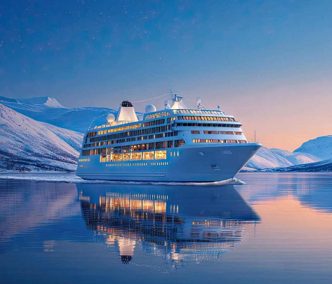 luxury cruise port, inviting, welcoming travelers, photorealistic, with a backdrop of towering skyscrapers and bustling terminals, highly detailed, people waving from the decks, Fujifilm 18-55mm lens, warm beige and glassy blue, morning glow, shot with a standard zoom lens.
