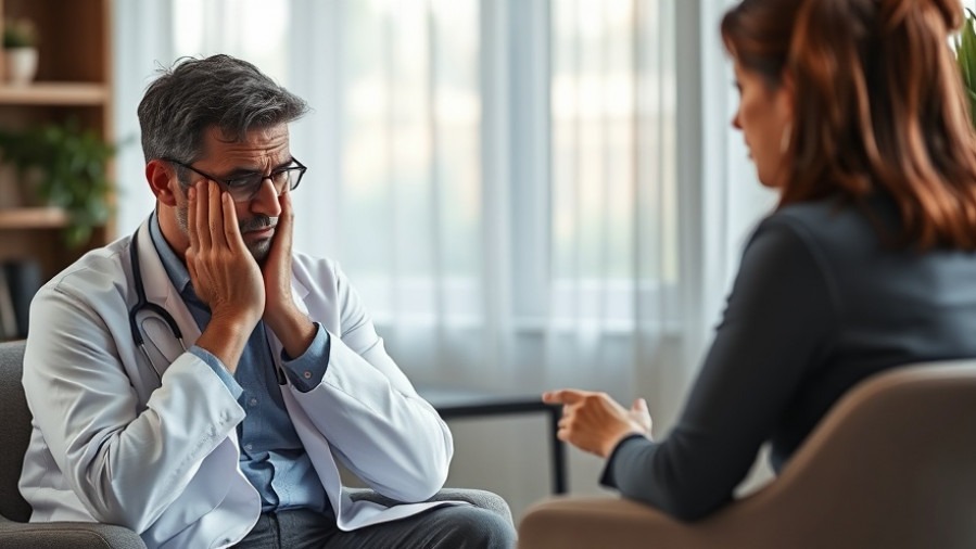 Stressed male doctor seeks emotional intelligence support from a compassionate female counselor.