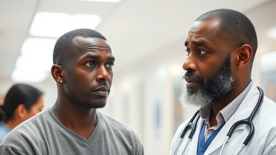 Black male patient discussing health outcomes and cognitive biases with doctor.