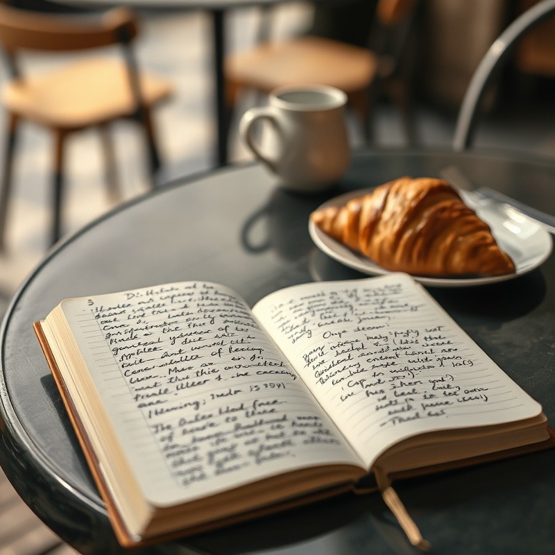 Candid travel review in a handwritten journal with a croissant, sepia tones.