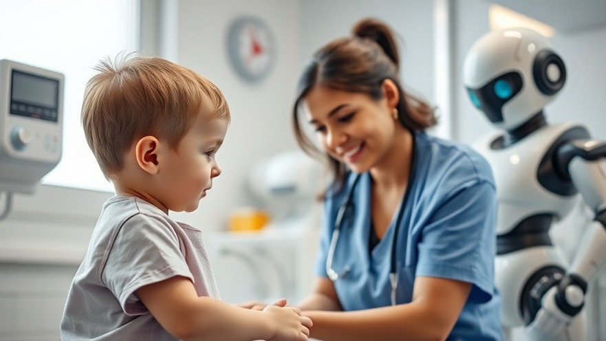 Pediatric healthcare innovation: Nurse and child interacting with robot in a calming check-up setting.