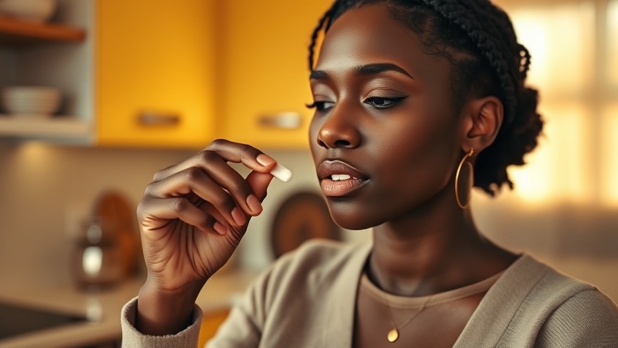 Black woman taking a pill, showcasing a supplement routine in a vibrant kitchen.