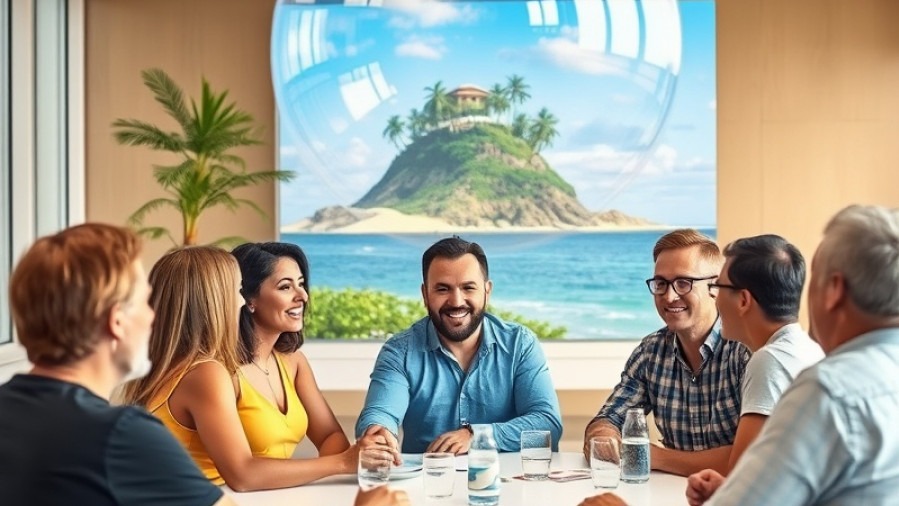 Diverse group of people dreaming of a vacation on a tropical island in conference room.