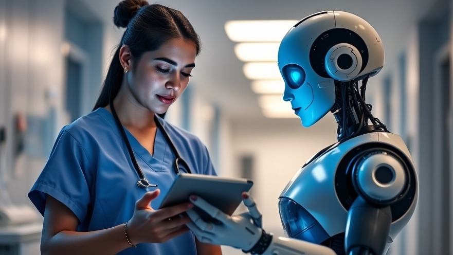 Hispanic female nurse and robot discussing nurse staffing with tablets in a futuristic hospital.