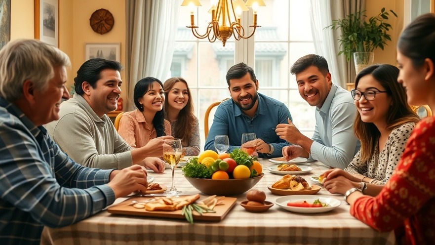 Diverse group enjoying a meal, discussing mental health strategies and screen time limits.