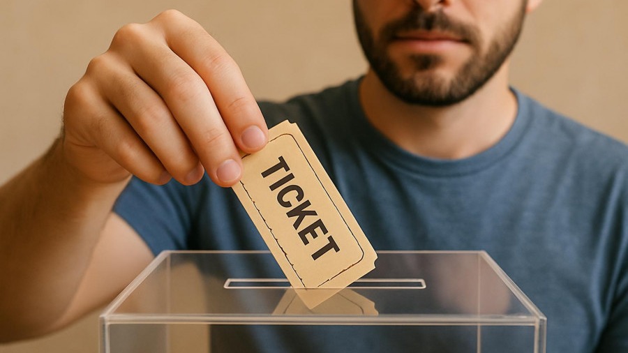 Close-up of a man dropping a raffle ticket into a box for a prize chance.