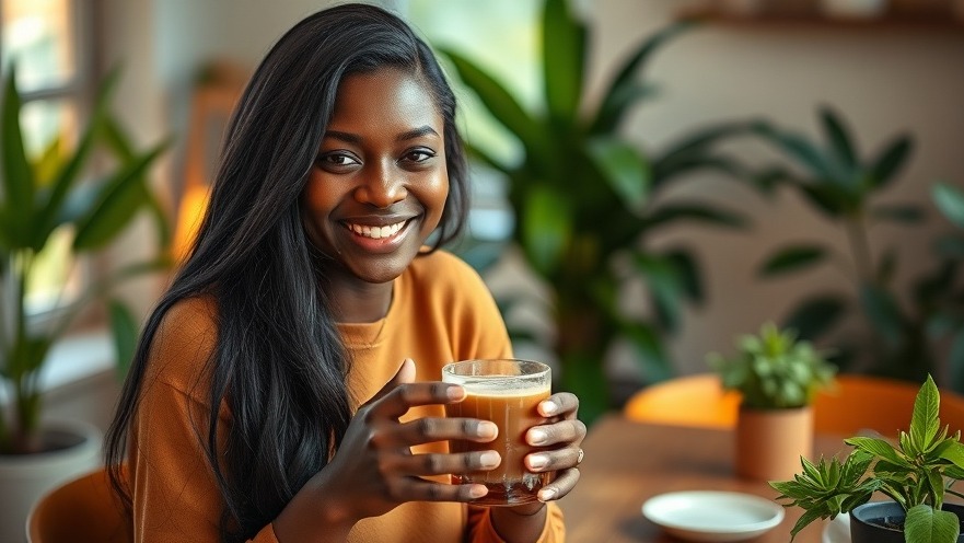 Friendly black woman smiling with detox drink in cozy room, showcasing fitness trends 2025.