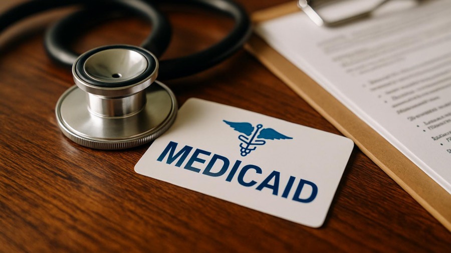 Close-up of a stethoscope and Medicaid card symbolizing healthcare access.