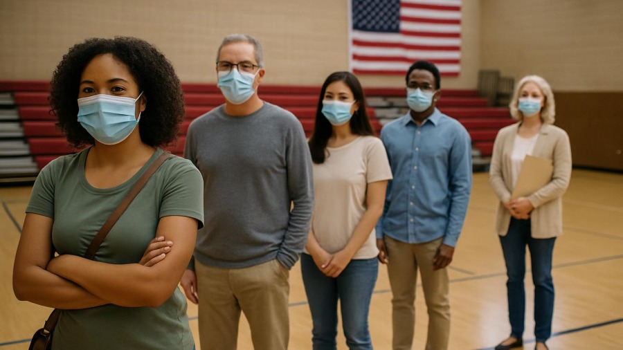 Diverse group practicing constructive patriotism while waiting for immunization in a gym.
