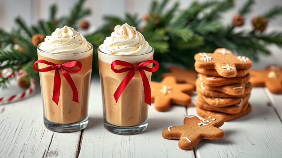 Festive healthy gingerbread smoothie with cookies, whipped cream, and ribbons.