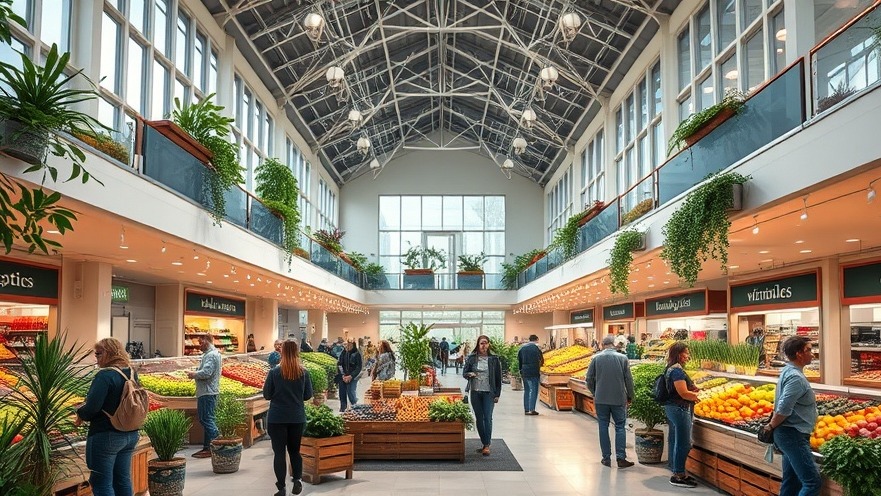 Photorealistic farmer's market in a hospital lobby promoting sustainable healthcare.