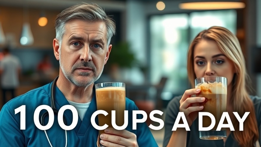 Concerned man in medical attire beside a woman, highlighting empathy in addiction with '100 CUPS A DAY' text.