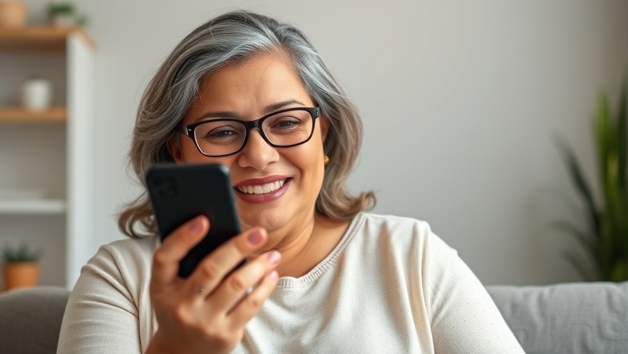 Hispanic woman using a smartphone to explore affordable weight loss solutions.