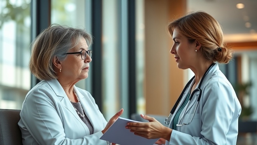 Middle-aged woman consults doctor about cancer treatment strategies in modern clinic.