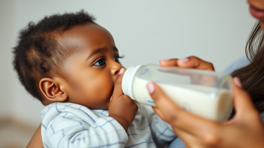 Black baby drinking milk from a bottle, highlighting infant health and nutrition.