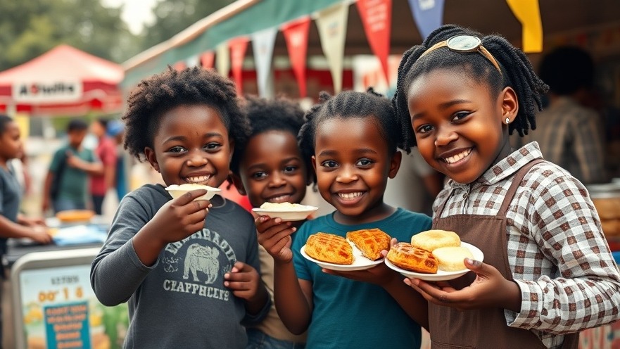Children delightfully sharing plant-based soul food samples at a vibrant outdoor event.