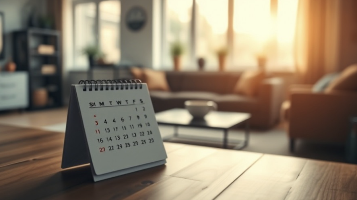 Desk calendar and coffee mug in a sunlit living room, depicting monthly reset routine.