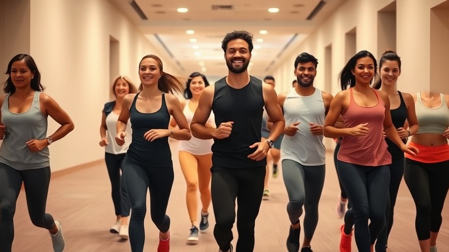 Group power walking indoors, showcasing health benefits of walking in a vibrant fitness routine.