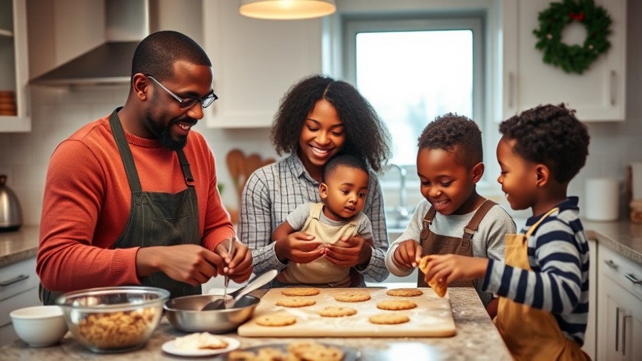 Black family enjoying quick home workouts while baking Christmas cookies together.