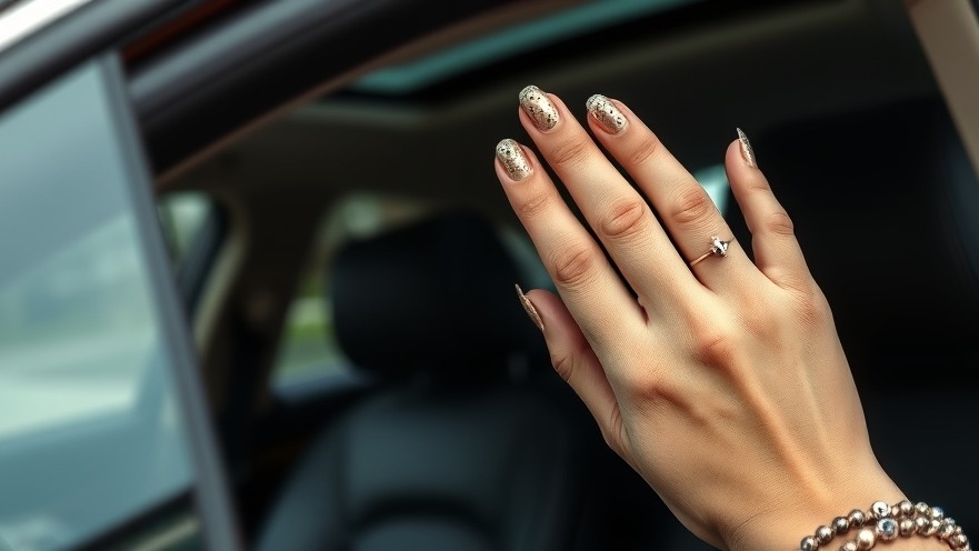 Stylish hand with gold and black nails in luxury car interior, promoting quick home workouts.