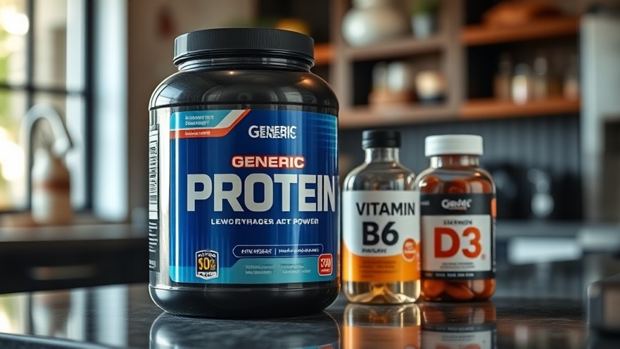 Protein powder and vitamin bottles in a health lifestyle setting with natural lighting.